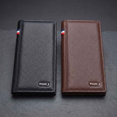 Men's Imported Long Textured Leather Wallet Clutch with Tricolor Accent - Black