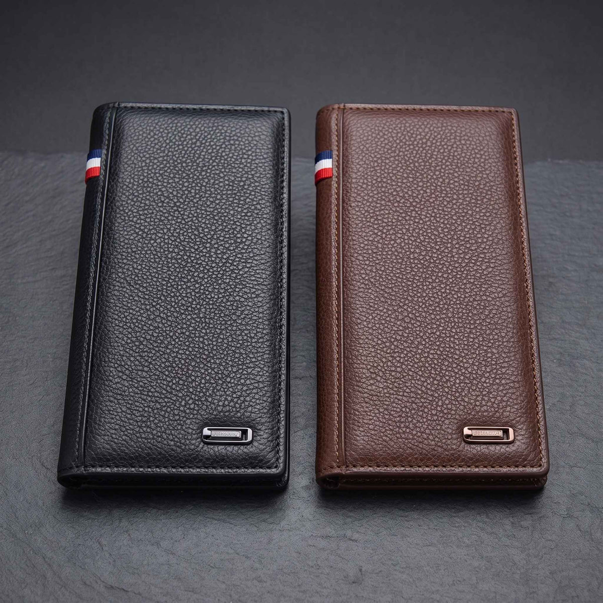 Men's Imported Long Textured Leather Wallet Clutch with Tricolor Accent - Black